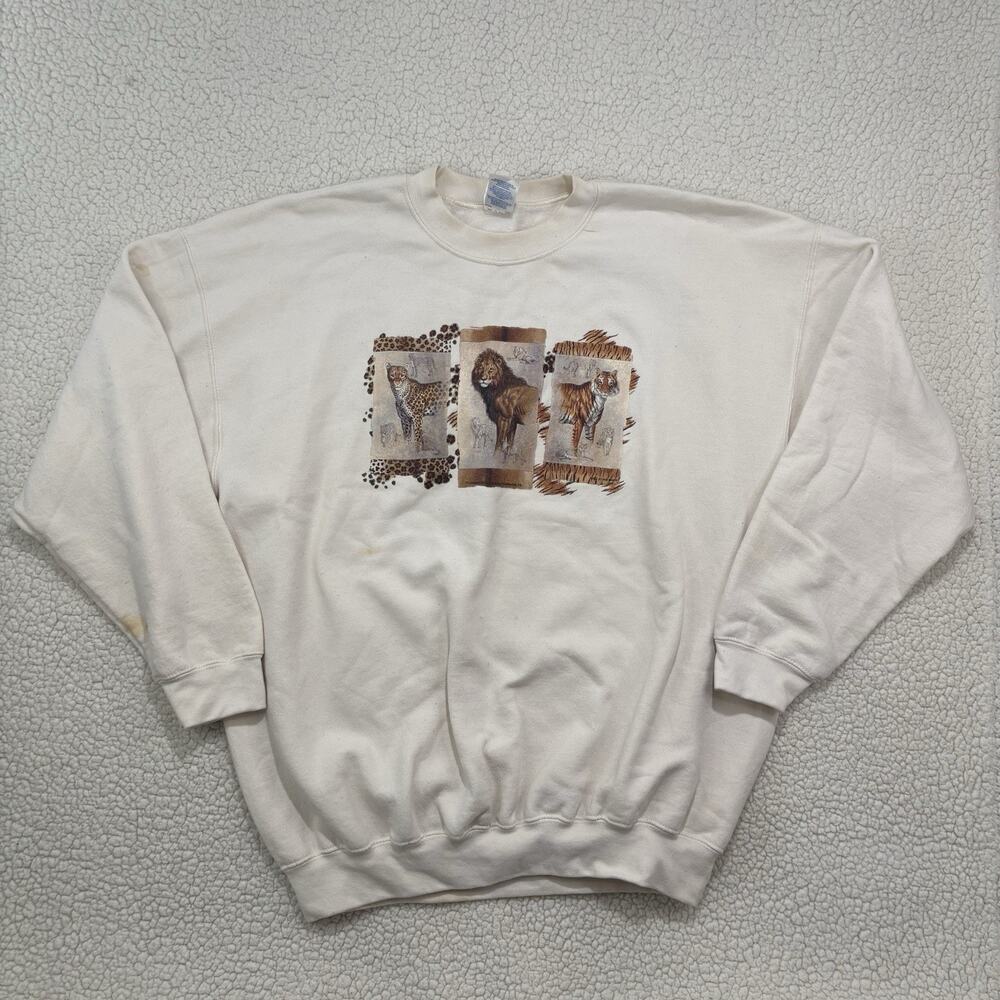 Vintage 90s Big Cats Graphic Nature Sweatshirt Size XL Lion Tiger Cheetah Gildan